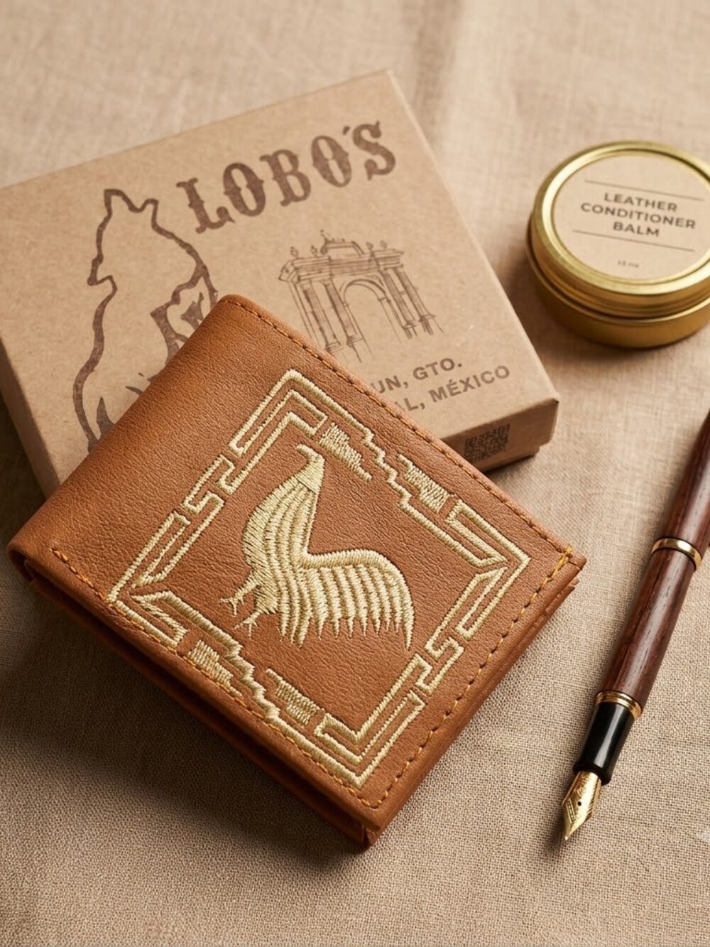 Mexican Leather Wallet Embroidered Rooster Chicken Tan Bifold Wallet